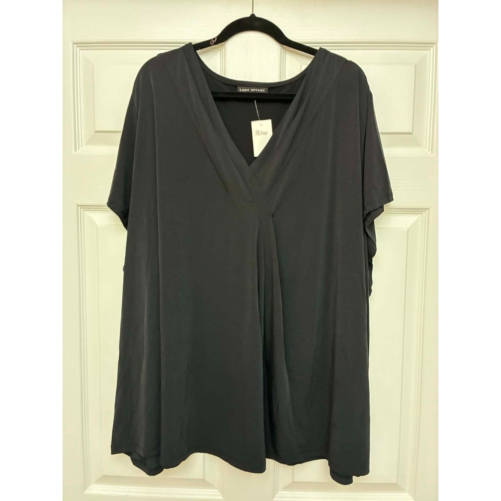 Lane Bryant Blouse Womens 38/40 Black V-Neck Pleated Front Short Sleeve Career